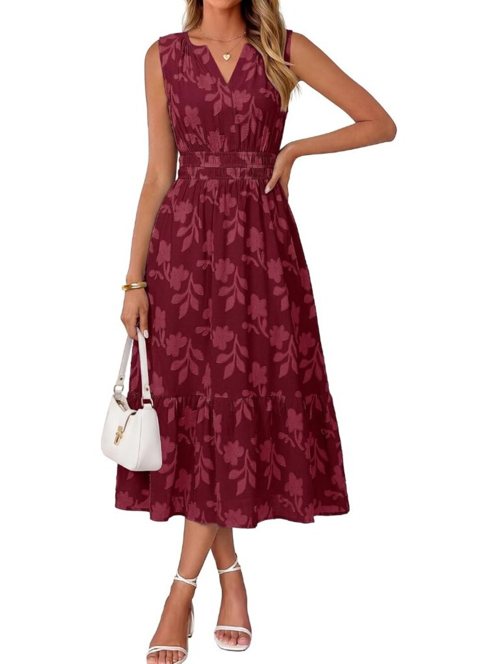 Women's Burgundy Sleeveless V Neck A LINE Floral Casual Imported Maxi Dress